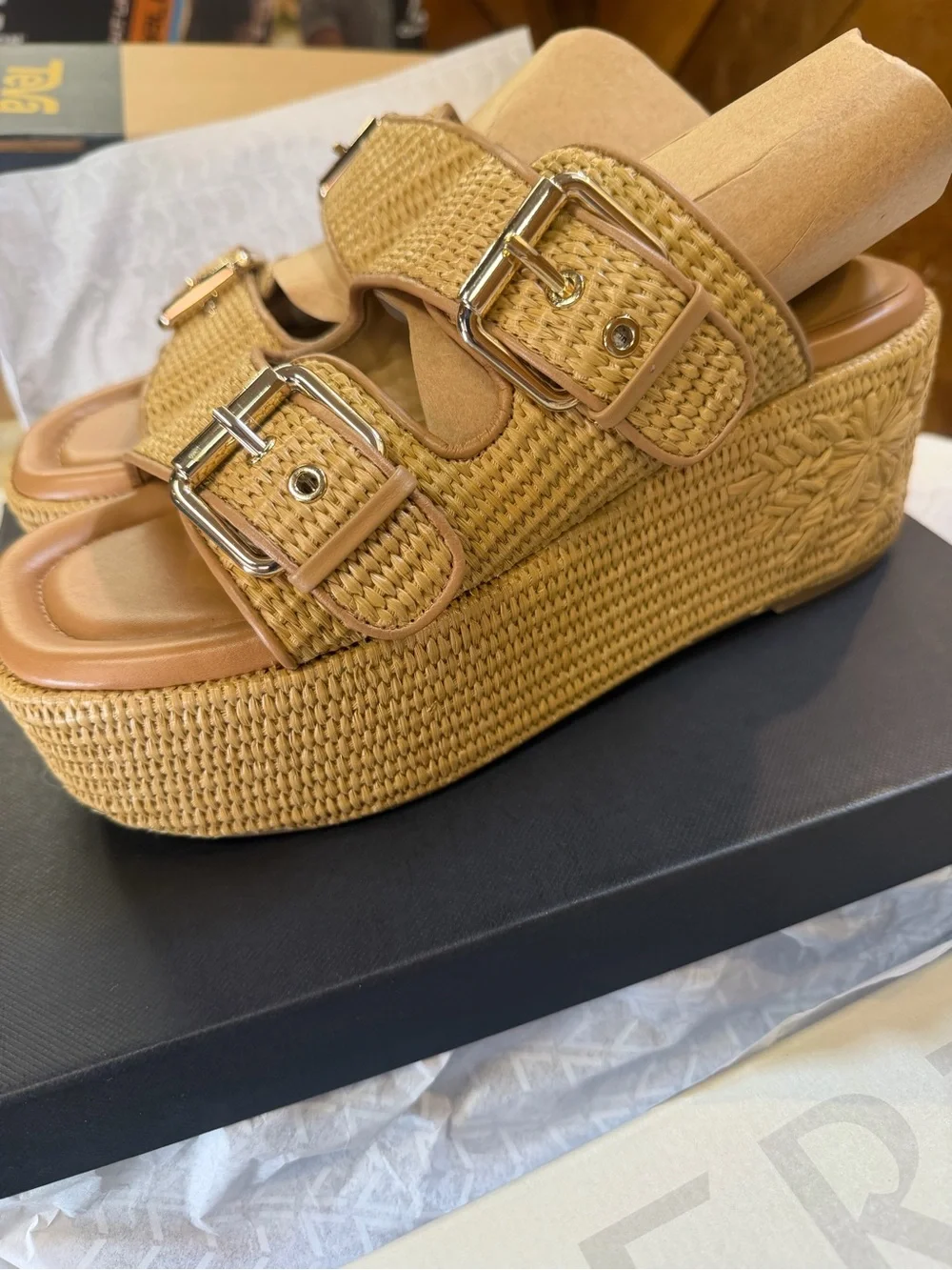 Marc Fisher Tan Woven Double-Buckle Platform Slides